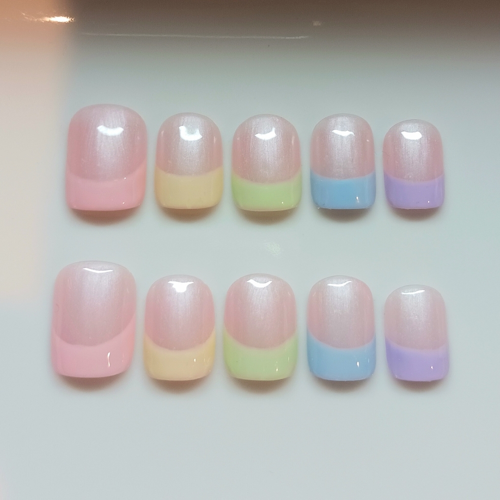 Colorful Pastel French Tips Handmade Press on Nails Diy Reusable 10pcs